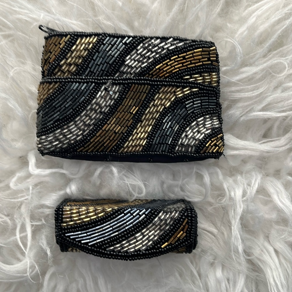 Matching beaded coin and lipstick case with mirror
